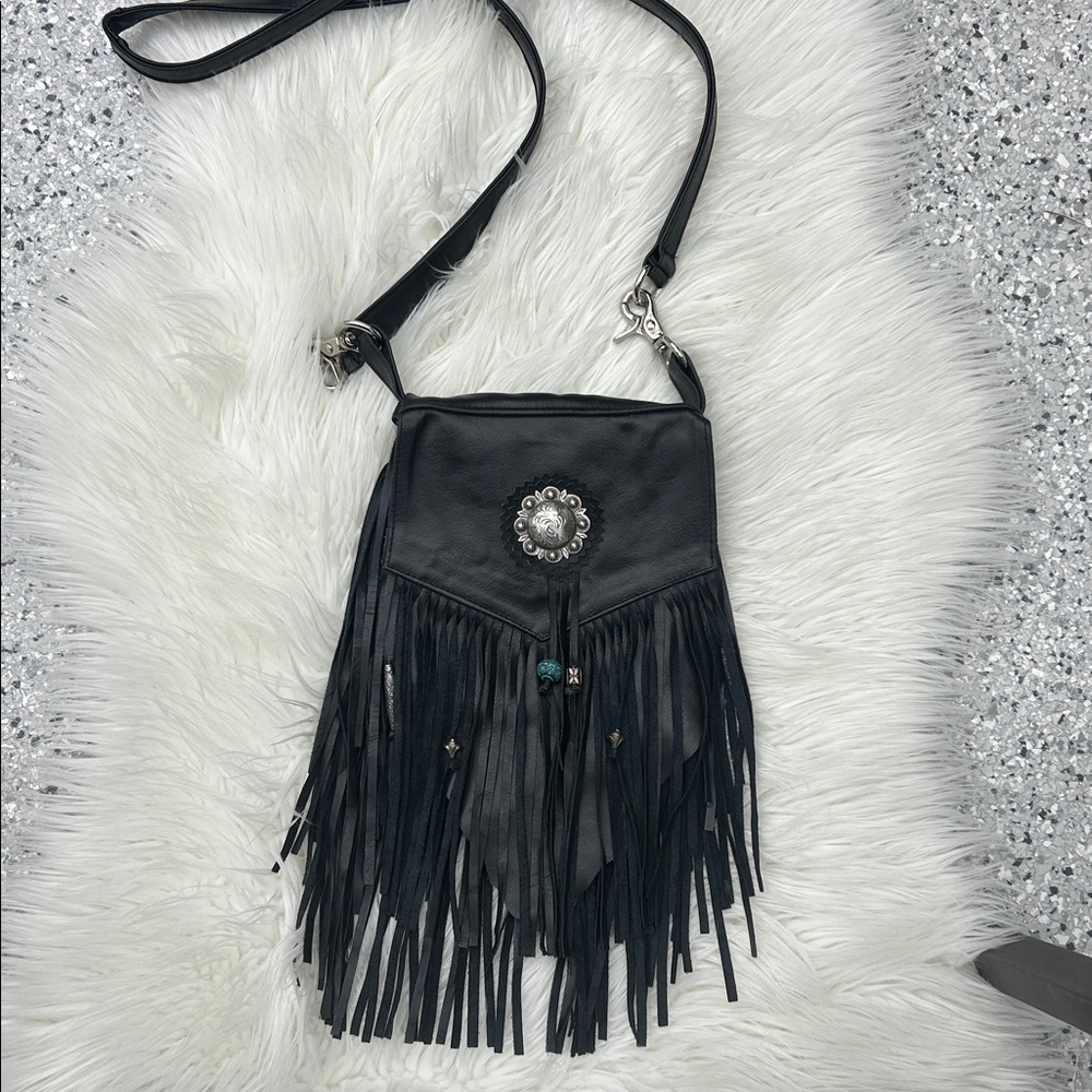 Tribe America Concho clip Black Fringe and beaded Leather Bag, GUC